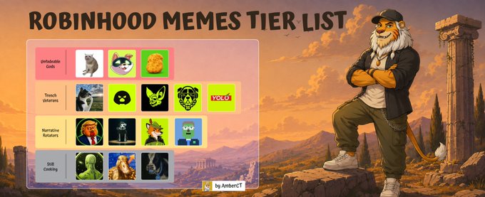 A "Robinhood Memes Tier List" infographic featuring a lion mascot in streetwear standing against a sunset Greek temple backdrop, with meme tokens ranked into tiers including "Unfadeable Gods" ($CASHCAT), "Trench Veterans" ($DOGE), "Narrative Seekers" ($PEPE), and "Still Cooking," matching the post's ranking of meme coins associated with Robinhood Crypto.