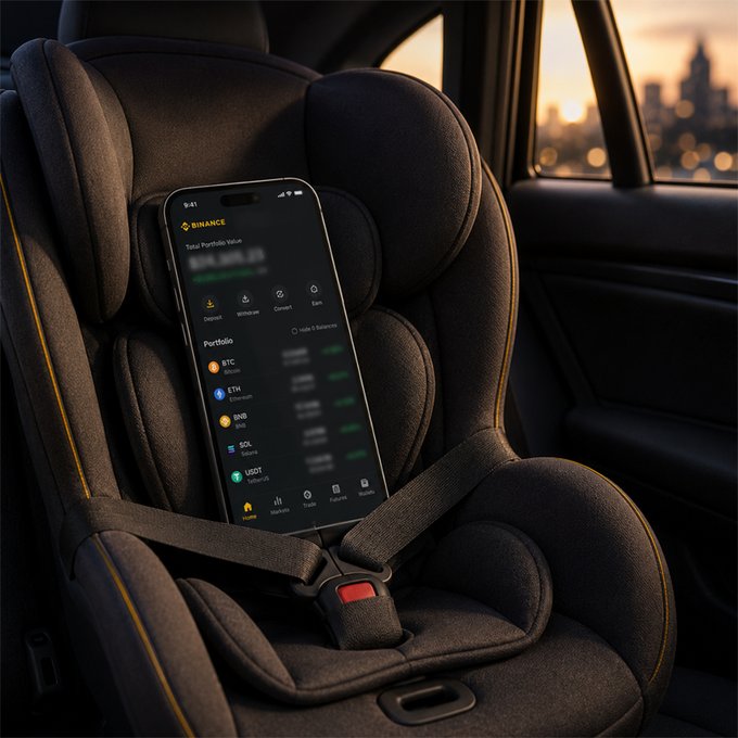 A smartphone displaying the Binance cryptocurrency app portfolio screen rests inside an empty child car seat at sunset.