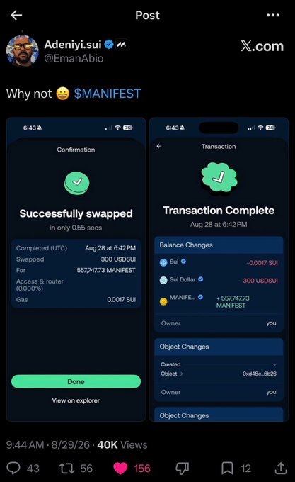 An X (formerly Twitter) post by 'Adeniyi.sui' (@EmanAbio) with the text 'Why not 😎 $MANIFEST' shows screenshots of a successful SUI token swap transaction from $USDSUI to $MANIFEST.