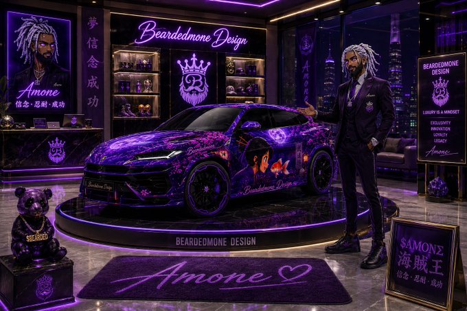 A neon-lit purple showroom display featuring a custom-wrapped purple sports car, a person in a matching purple suit, and signage reading 'Beardedmone Design' and 'Amone' with Chinese characters.