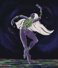 An animated illustration depicts a graceful figure in a white dress with a flowing green scarf dancing against a starry night sky.