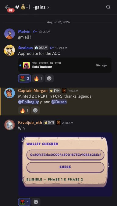 A Discord chat screenshot from the "-gainz" channel dated August 22, 2026, showing users Melvin, Ācolous, Captain Morgan, and Krvojub_eth discussing transactions and wallet eligibility with a Zcash wallet checker.