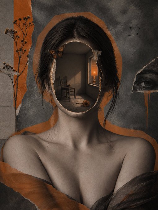 A surreal digital artwork depicting a woman with long dark hair whose face is replaced by an oval mirror reflecting an empty room with a chair, set against a torn paper background in dark and orange tones.