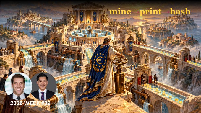 A fantasy illustration of a grand classical city with a figure in a blue euro-symbol cloak at the center, with two men's faces and the text 'mine print hash' and '2026 WEEK #39' overlaid.