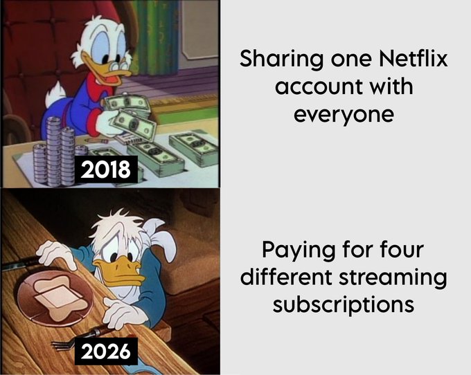 A Scrooge McDuck meme contrasts 2018, when he is wealthy sharing one Netflix account with everyone, to 2026, when he is poor and miserable paying for four different streaming subscriptions.