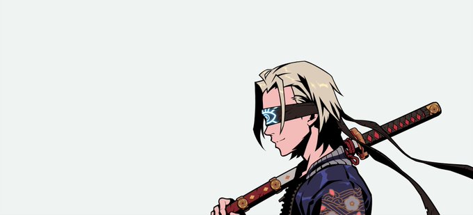 An anime-style character with blonde hair wearing blue goggles on their forehead and carrying a sword on their back, looking to the side against a white background.