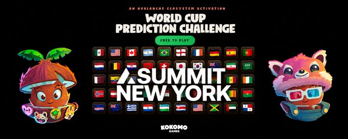 The image promotes a "World Cup Prediction Challenge" free-to-play activation for Avalanche Summit New York, featuring Kokomo Games mascots and a grid of country flags. The promotional post highlights raffle prizes including $200 USDC, 3 Avalanche Summit tickets, Kokomon NFTs, and $100 Bonus Cash, with winners drawn in Discord this Friday at 1pm UTC.