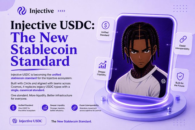 An Injective promotional graphic titled 'Injective USDC: The New Stablecoin Standard' featuring an anime-style character and listing features: Unified Standard, Deeper Liquidity, Easier Interoperability, and Built for the Future.