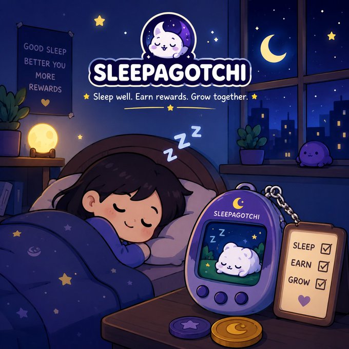 The image features a girl sleeping peacefully in bed with a small white cat next to her. The scene takes place at night, as indicated by the dark blue background that includes stars and moonlight. A sleep agouti clock can be seen on the table near the girl's headboard, which is part of the Sleepagotchi logo.

The post encourages users to "Good night creators," emphasizing the importance of rest in their daily lives. The image also mentions that "In a space that never sleeps, @sleepagotchi reminds us that rest is just as important as the grind." This message highlights how the girl's peaceful slumber can be related to the concept of sleep agouti clock and its reminder about the significance of sleep in our daily routines.