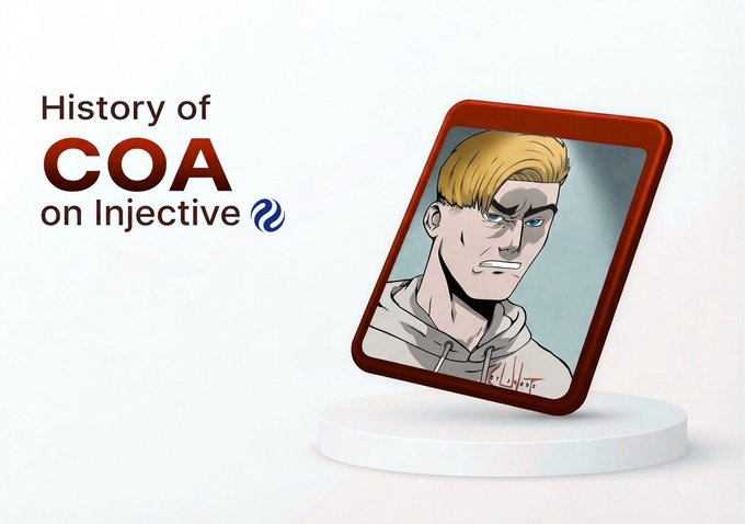 A promotional graphic titled 'History of COA on Injective' featuring a stylized cartoon illustration of a blond-haired character in a frame on a display pedestal.