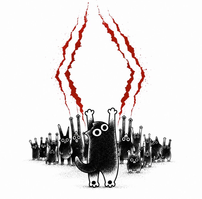 A surreal black-and-white illustration depicts a crowd of small black cat-like creatures with wide white eyes, standing with their paws raised as two streams of blood-red paint shoot upward from behind them.