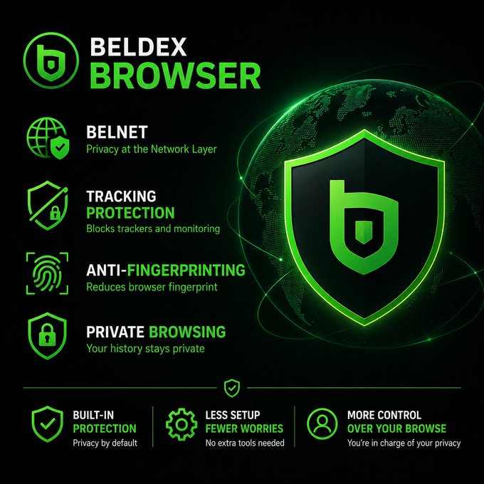 A promotional infographic for the 'BELDEX BROWSER' highlights features such as 'BELNET', 'TRACKING PROTECTION', 'ANTI-FINGERPRINTING', and 'PRIVATE BROWSING' next to a large green shield logo over a globe.