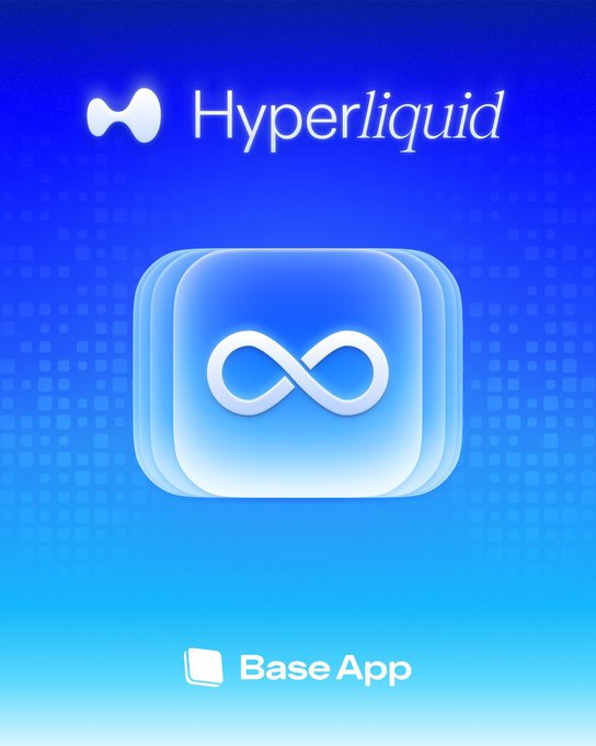 Promotional graphic for Hyperliquid on Base App, featuring the Hyperliquid logo at the top and a stylized infinity symbol icon on a blue gradient background.