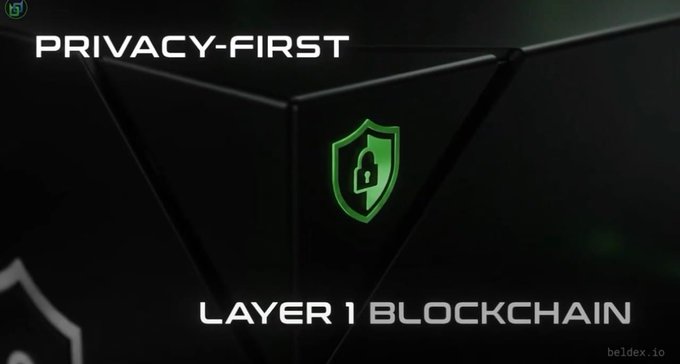 The image displays a sleek black banner featuring a green padlock shield icon alongside the text "PRIVACY-FIRST LAYER 1 BLOCKCHAIN" and the website "beldex.io," visually reinforcing the post's message about the need for private cryptocurrency to be practical for everyday use. The shield symbolizes security and privacy, tying into the discussion of how Beldex aims to combine confidentiality with real-world usability.
