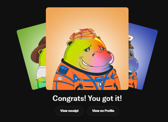 A digital collectible featuring a smiling cartoon character in an orange astronaut suit with the text 'Congrats! You got it!' and options to 'View receipt' or 'View on Profile'.