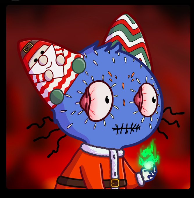 A stylized, cartoonish illustration of a creepy blue cat-like character with large bloodshot eyes, a stitched mouth, and a patterned hat, holding a green flame in a dark red setting.