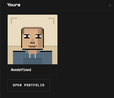 A digital interface showing a pixel art avatar labeled '#undefined' under the name 'Yours', featuring an 'OPEN PORTFOLIO' button.