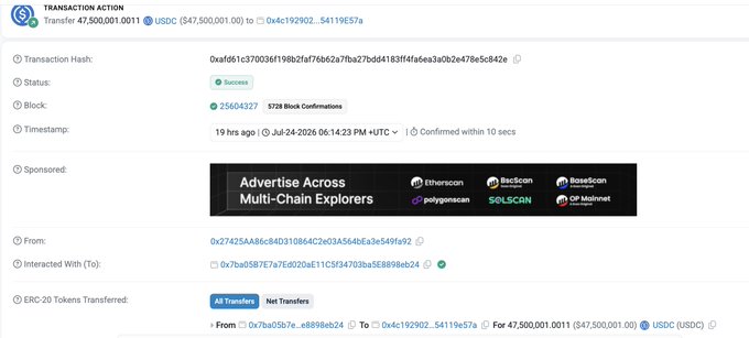 This image shows a successful Ethereum transaction where 47,500,001.0011 USDC was transferred from one address to another. The post implies this transfer is related to the Worldcoin (WLD) foundation raising funds, potentially through its own token holdings.