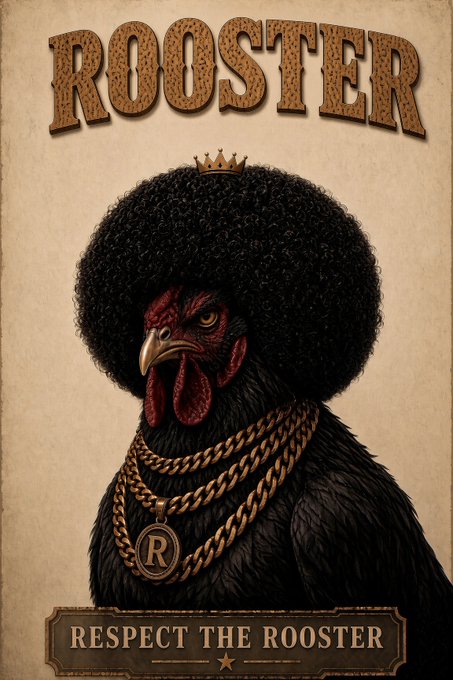 A vintage-style poster featuring a black rooster with an afro and gold chains, titled 'ROOSTER' at the top and 'RESPECT THE ROOSTER' at the bottom, with an 'R' medallion on its chain.