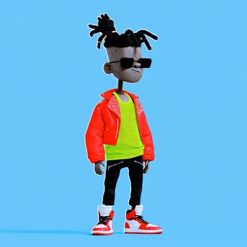 A 3D rendered character of a young Black boy with dreadlocks wearing sunglasses, a red jacket over a neon green shirt, black pants, and red sneakers.