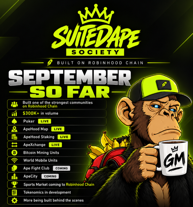 A promotional graphic for 'SUITEDAPE SOCIETY' labeled 'SEPTEMBER SO FAR', listing achievements like 'Built one of the strongest communities on Robinhood Chain', '$300K+ in volume', and various 'LIVE' and 'COMING' projects, alongside an illustration of a monkey in a green cap holding a 'GM' mug and bananas.