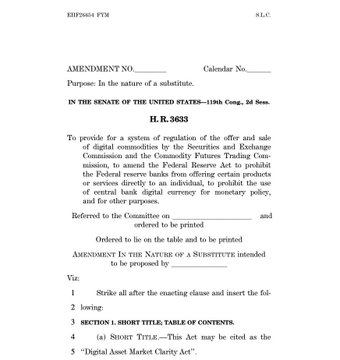 A legislative document titled H.R. 3633 amending the Federal Reserve Act to regulate the offer and sale of digital commodities by the SEC and CFTC, and prohibiting the Federal Reserve from issuing central bank digital currency.