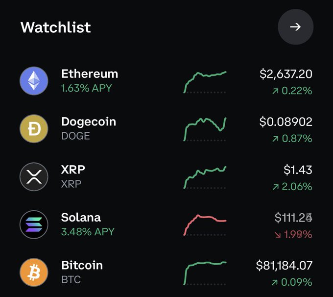 A crypto watchlist showing prices and 24-hour performance for Ethereum ($2,637.20), Dogecoin ($0.08902), XRP ($1.43), Solana ($111.24), and Bitcoin ($81,184.07).