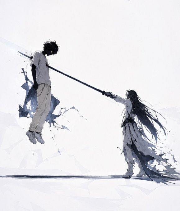 Anime-style artwork of a girl with long hair thrusting a sword through a floating boy in a stark, minimalist setting.