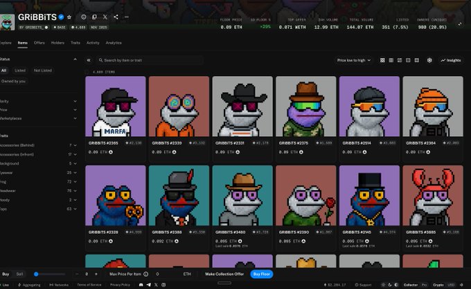 A screenshot of the OpenSea NFT marketplace displaying the GRIBBITS collection page, featuring pixel-art frog characters with various accessories (sunglasses, hats, clothing) listed with floor prices around 0.09-0.1 ETH and showing a 25% price increase, supporting the post about the collection's growing momentum within the $TIBBIR community.