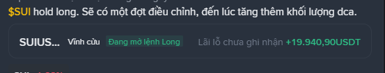 A cryptocurrency trading interface showing the token SUI with a price of $SUI, displaying 'Dạng mở lệnh Long' (Long position type) and unrealized profit of +19,940.90 USDT.