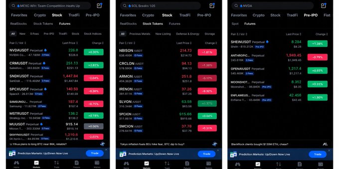 Three mobile screenshots of a cryptocurrency/trading app showing market data for pairs including MEXC WTC, SOL, and NVDA with various price changes.
