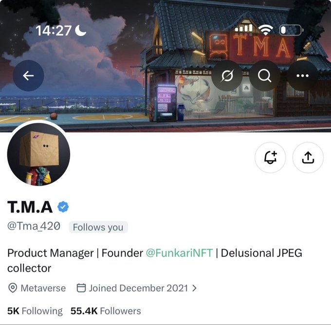 Twitter/X profile for T.M.A (@Tma_420), identified as a Product Manager, Founder @FunkariNFT, and 'Delusional JPEG collector' with 55.4K followers.