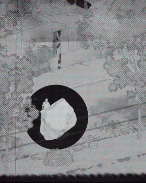 A stylized, glitchy image featuring a black circle containing a white crumpled paper shape, overlaid on a grayscale patterned background.