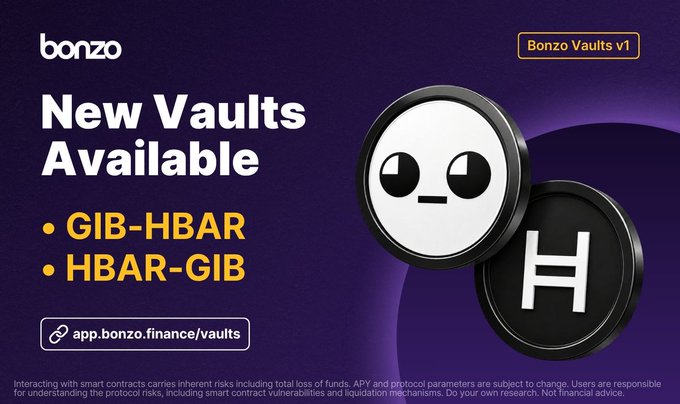 A promotional graphic for Bonzo Vaults v1 on a dark purple background, advertising new GIB-HBAR and HBAR-GIB liquidity vaults available at app.bonzo.finance/vaults, featuring cartoon coin characters with the Hedera 'H' logo.