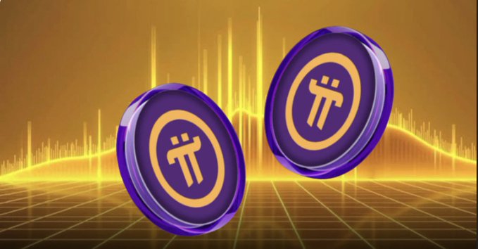 Two purple Pi Network coins with the iconic "π" symbol float against a golden background featuring glowing soundwave-like bars and a retro grid floor, visually reinforcing the post's message about mining, growth, and the future of Pi Network.