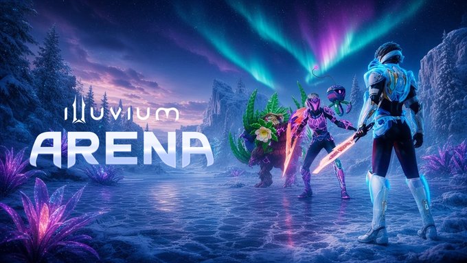 Promotional artwork for "Illuvium Arena" featuring futuristic warriors with glowing swords facing off in a vibrant, aurora-lit icy landscape, with the tagline "Who will be crowned Taiga Boreal Challenger!?" teasing the impending tournament.