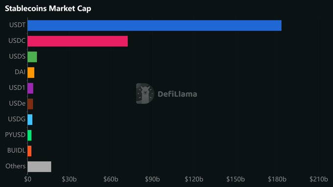 The image is a horizontal bar chart from DefiLlama titled "Stablecoins Market Cap," showing USDT leading at approximately $180b, followed by USDC around $70b, while other stablecoins like USDS, DAI, USDT, USDe, USDG, PYUSD, and BUIDL have notably smaller market caps, with "Others" making up a small additional portion. The chart illustrates the dominance of dollar-pegged stablecoins, reinforcing the IMF's point that integrating local-currency stablecoins onto the same blockchains could expand the already substantial USD stablecoin ecosystem through DEX interoperability.