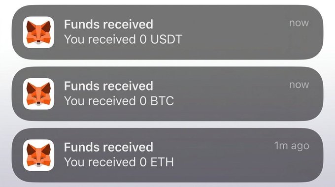 Three mobile notification banners from the MetaMask wallet showing 'Funds received' alerts for 0 USDT, 0 BTC, and 0 ETH.