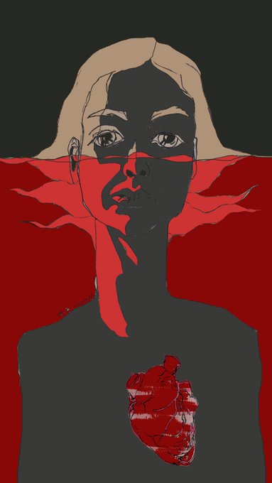This artwork features a stylized woman with a split face—light skin on the left and dark tones on the right—set against a dark background with a prominent red anatomical heart on her chest.