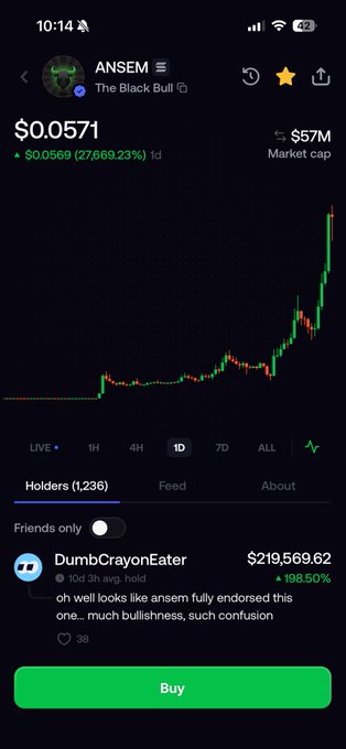 Mobile crypto app showing ANSEM's 'The Black Bull' token at $0.0571 with $57M market cap, up $0.0569 (27,669.23%) in 1 day, displaying a sharp candlestick chart surge and 1,236 holders.