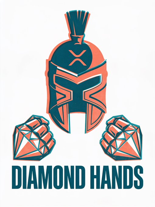 A stylized graphic of a Spartan-style helmet with two clenched fists gripping diamond shapes, captioned "DIAMOND HANDS" in bold teal lettering. The image visually reinforces the post's message about unwavering conviction in holding XRP, symbolizing strength and the refusal to sell ("diamond hands" being crypto slang for holding through volatility).