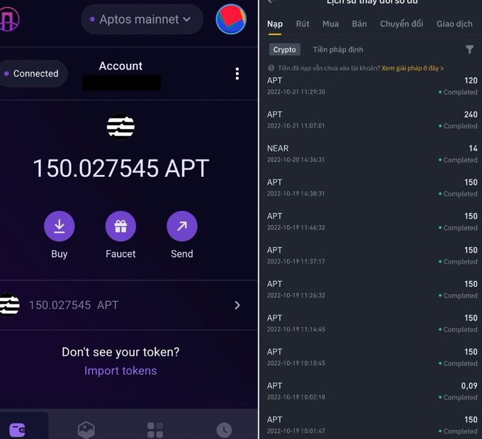 Cryptocurrency wallet interface showing a balance of 150.027545 APT on the Aptos mainnet, alongside a transaction history list dated October 2022.