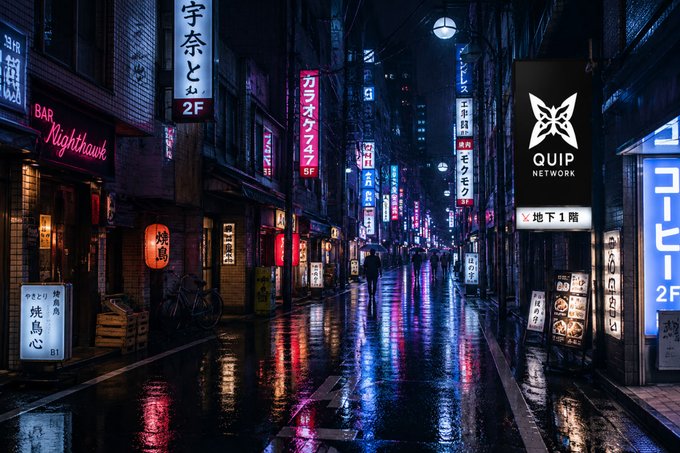 Atmospheric rainy night street scene in Japan with glowing neon Japanese signage, a "Nighthawk" bar, and a Quip Network logo overlay on the right side.