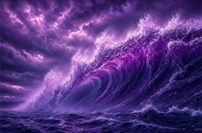 A dramatic digital artwork of a large purple ocean wave crashing under a stormy purple and pink sky.