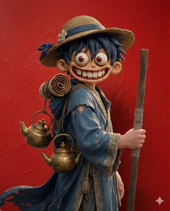 The image depicts a wide-eyed, grinning clay-like figure in tattered blue robes and a straw hat, carrying teapots and a staff against a stark red background—its exaggerated, manic expression perfectly mirroring the post's lament about unpredictable losses ("flipping") ruining the user's experience on Polymarket, the prediction market platform, turning what felt like a casual pastime into something unsettlingly chaotic.