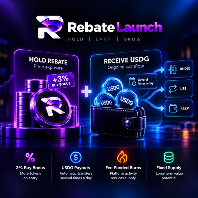 A neon promotional graphic for “RebateLaunch” reads “HOLD | EARN | GROW” and explains holding a rebate for price exposure, receiving USDG several times a day, and choosing to bridge, use, or keep funds; lower text mentions a “+3% BUY BONUS,” “USDG Payouts,” “Fee-Funded Burns,” and “Fixed Supply.”