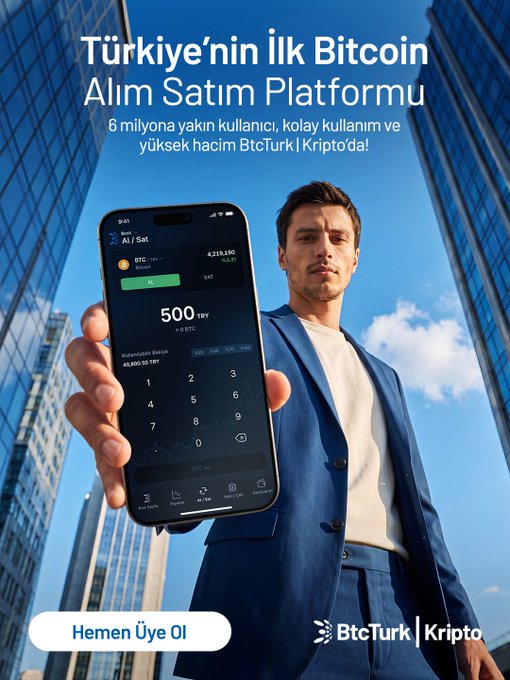 A confident man in a blue suit holds up a smartphone displaying BtcTurk | Crypto's trading app with a 500 TRY Bitcoin purchase screen, promoting "Türkiye'nin İlk Bitcoin Alım Satım Platformu" (Turkey's First Bitcoin Trading Platform) with nearly 6 million users, alongside a "Hemen Üye Ol" (Sign Up Now) call-to-action. The image effectively showcases the platform's user-friendly mobile interface, aligning with the post's emphasis on easy cryptocurrency trading and accessibility.