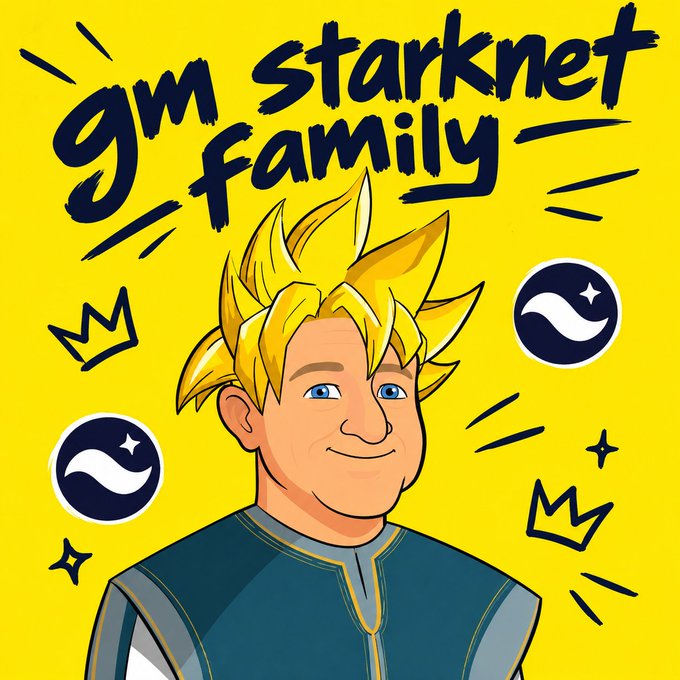 A vibrant yellow illustration features a character with spiky blonde hair wearing a blue tunic, accompanied by the bold text 'gm starknet family' and star icons.