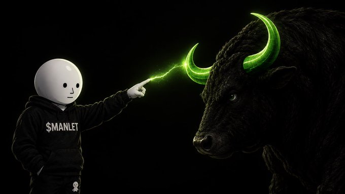 A small white-masked figure wearing a black hoodie emblazoned with "$MANLET" zaps a glowing green energy bolt from its finger toward the horns of a massive black bull, visually embodying the bullish "MANLET/ANSEM mode" hype tied to @LaunchOnSF.