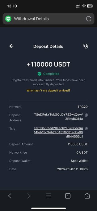 A Binance withdrawal/deposit screenshot showing a successful deposit of +110000 USDT (TRC20) with a "Completed" status dated 2026-01-07. The image appears to serve as proof of funds to lend credibility to a giveaway contest promising $2,500 to a random commenter.